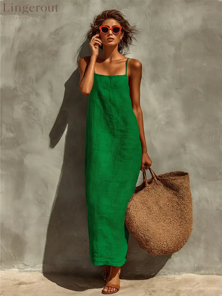 Women’s Red Cotton Dress With Spaghetti Straps & Square Neck Timeless Boho-Resort Style Dress - Green / S