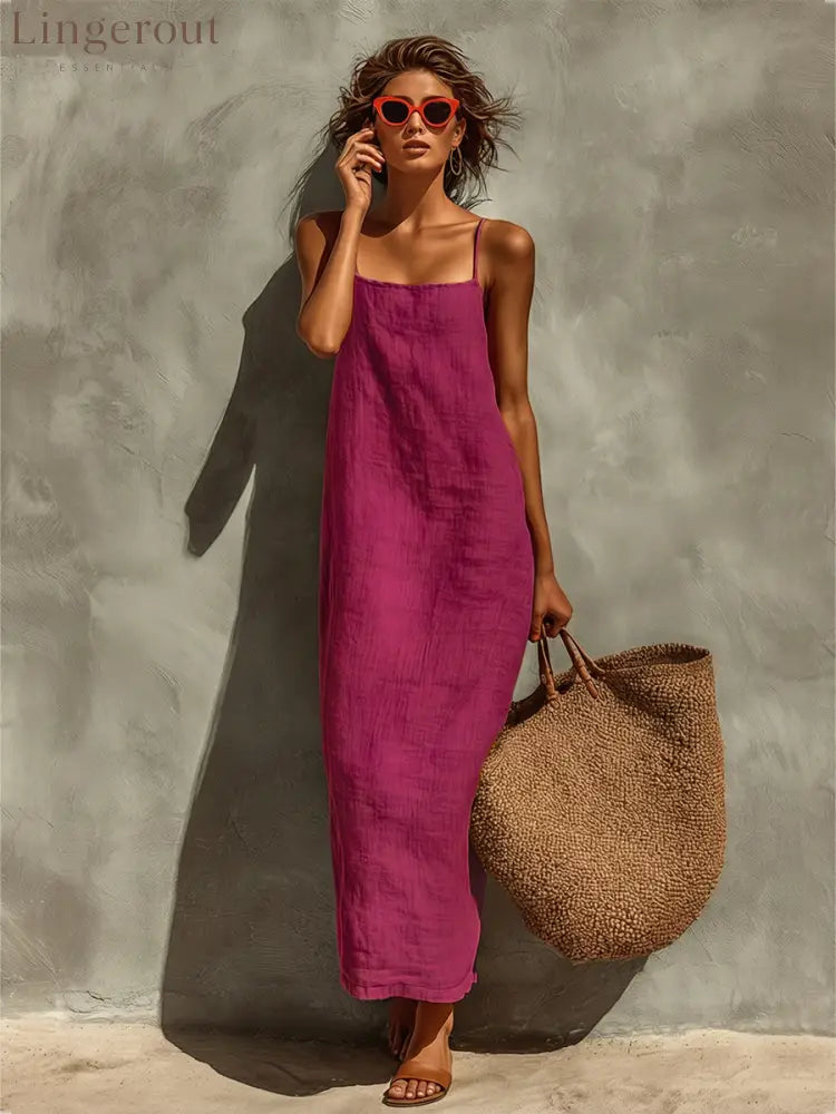 Women’s Red Cotton Dress With Spaghetti Straps & Square Neck Timeless Boho-Resort Style Dress - Purple / S