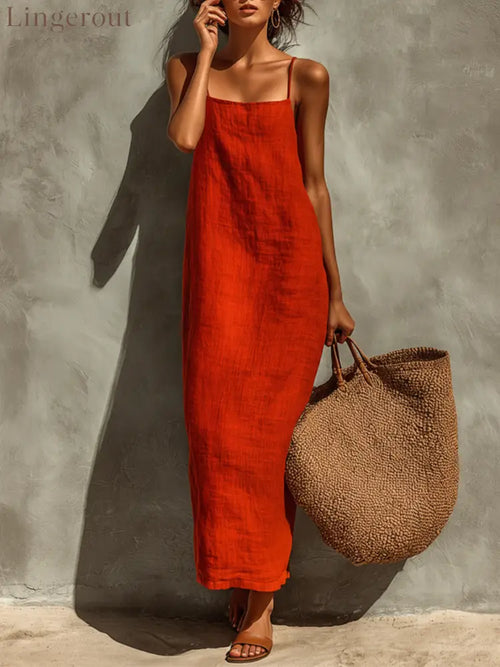 Women’s Red Cotton Dress With Spaghetti Straps & Square Neck Timeless Boho-Resort Style Dress - Red / S