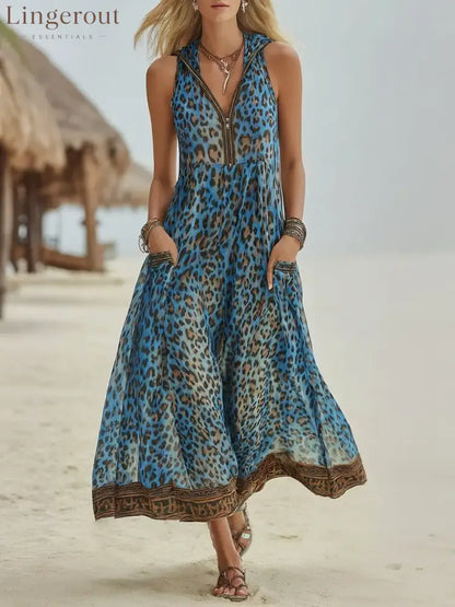 Women’s Retro Casual Green Leopard Print Art Hooded Midi Dress - Blue / S