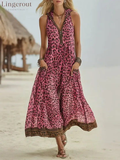 Women’s Retro Casual Green Leopard Print Art Hooded Midi Dress - Pink / S