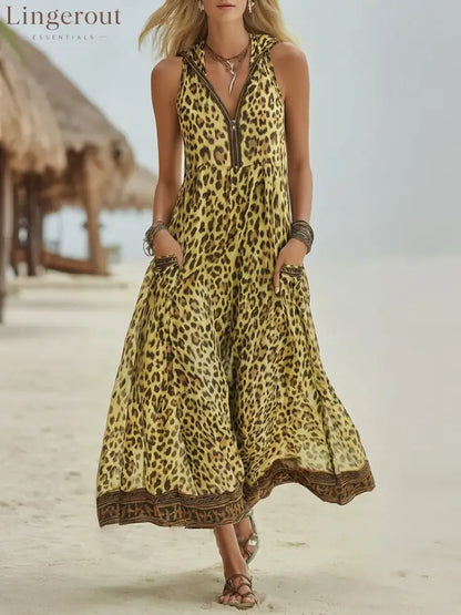 Women’s Retro Casual Green Leopard Print Art Hooded Midi Dress - Yellow / S