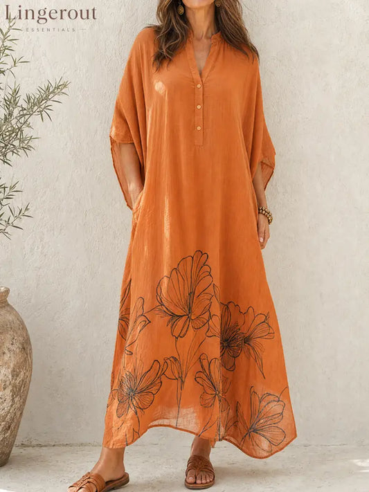 Women’s Retro Casual Lazy Style Cotton Linen Floral Print Batwing Sleeve Henley Collar Maxi Dress - Orange / XS - Dress