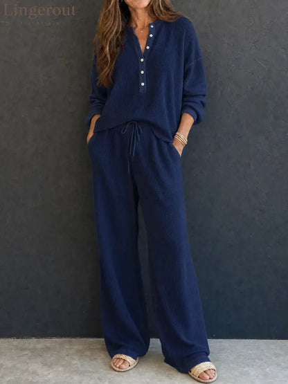 Women’s Retro Casual Lazy Style Solid Color Waffle Henley Top And Pants Set - Navy / XS - Set