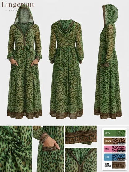Women’s Retro Casual Leopard Print Art Hooded Midi Dress