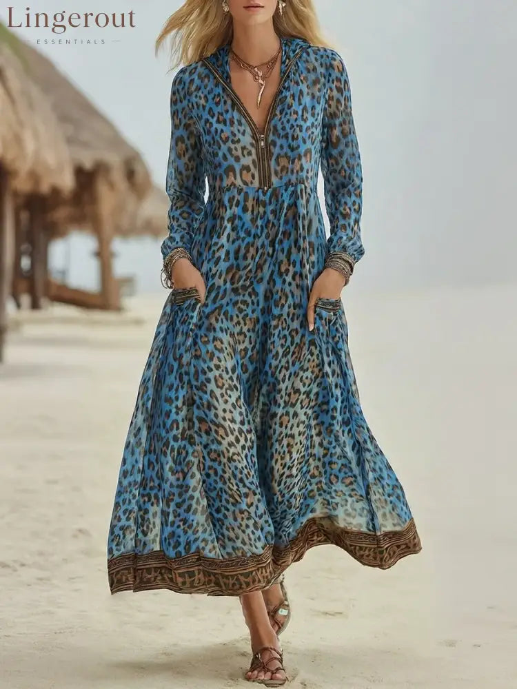 Women’s Retro Casual Leopard Print Art Hooded Midi Dress - Blue / S