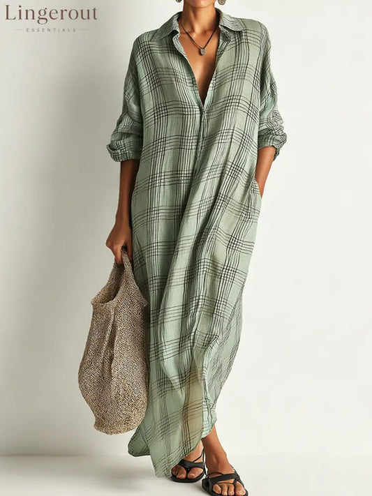 Women’s Retro Casual Plaid Print Cotton Linen Shirt Long Sleeve Midi Dress - Green / XS