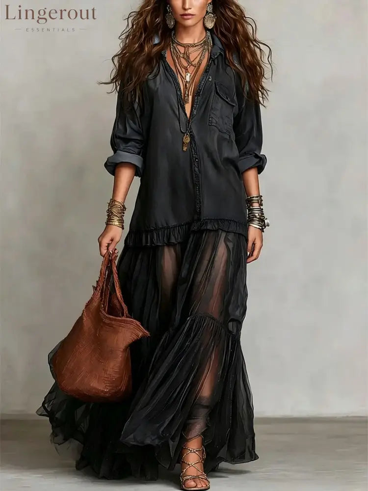 Women’s Retro Lapel Denim Organza Patchwork Art Casual Maxi Dress - Black / S