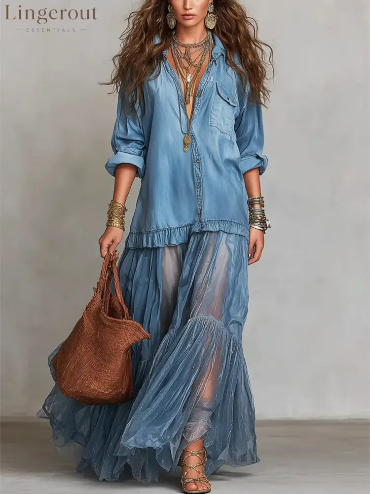 Women’s Retro Lapel Denim Organza Patchwork Art Casual Maxi Dress - Blue / S