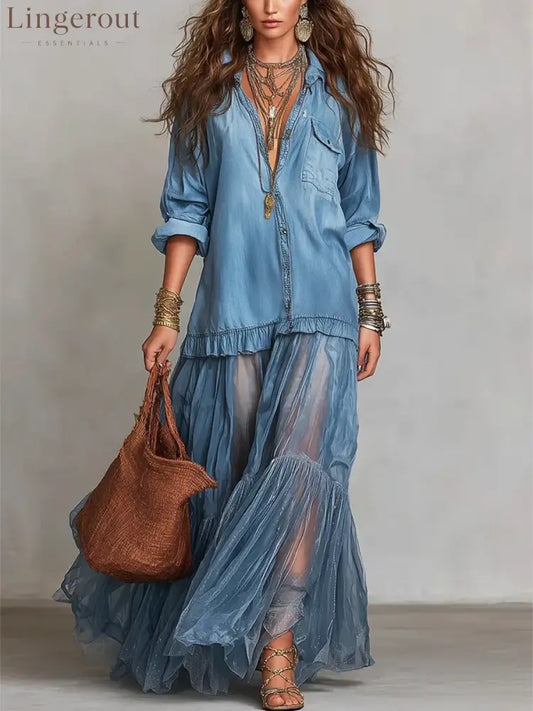 Women’s Retro Lapel Denim Organza Patchwork Art Casual Maxi Dress - Blue / S