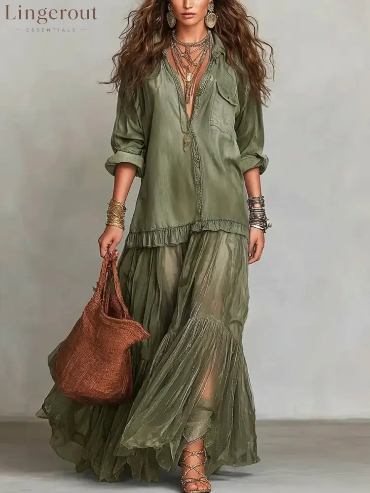 Women’s Retro Lapel Denim Organza Patchwork Art Casual Maxi Dress - Green / S