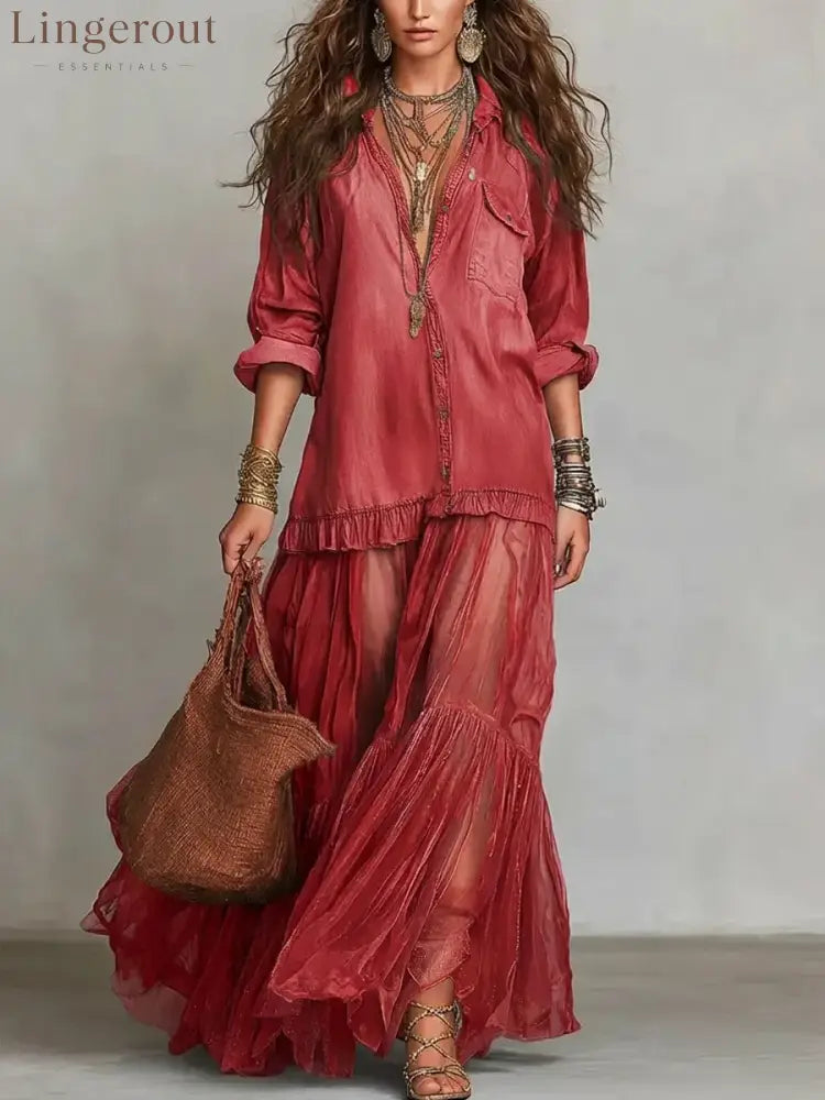 Women’s Retro Lapel Denim Organza Patchwork Art Casual Maxi Dress - Red / S