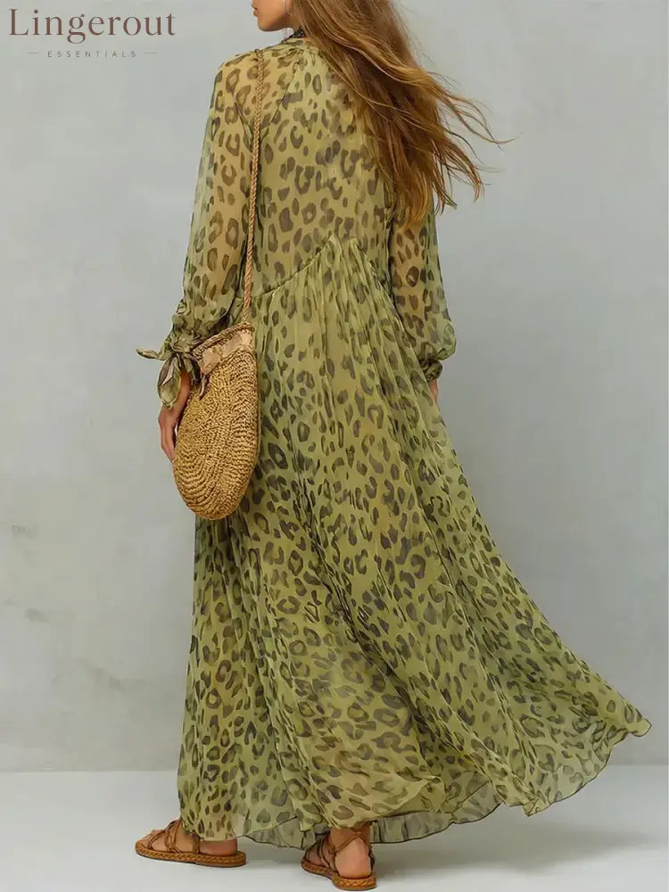 Women’s Retro Leopard Pattern Art Print Casual Stylish Maxi Dress
