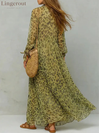 Women’s Retro Leopard Pattern Art Print Casual Stylish Maxi Dress