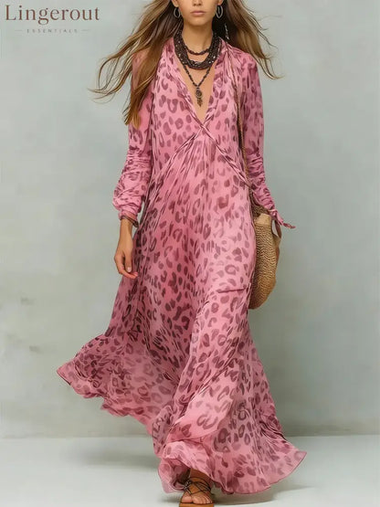 Women’s Retro Leopard Pattern Art Print Casual Stylish Maxi Dress - Pink / S