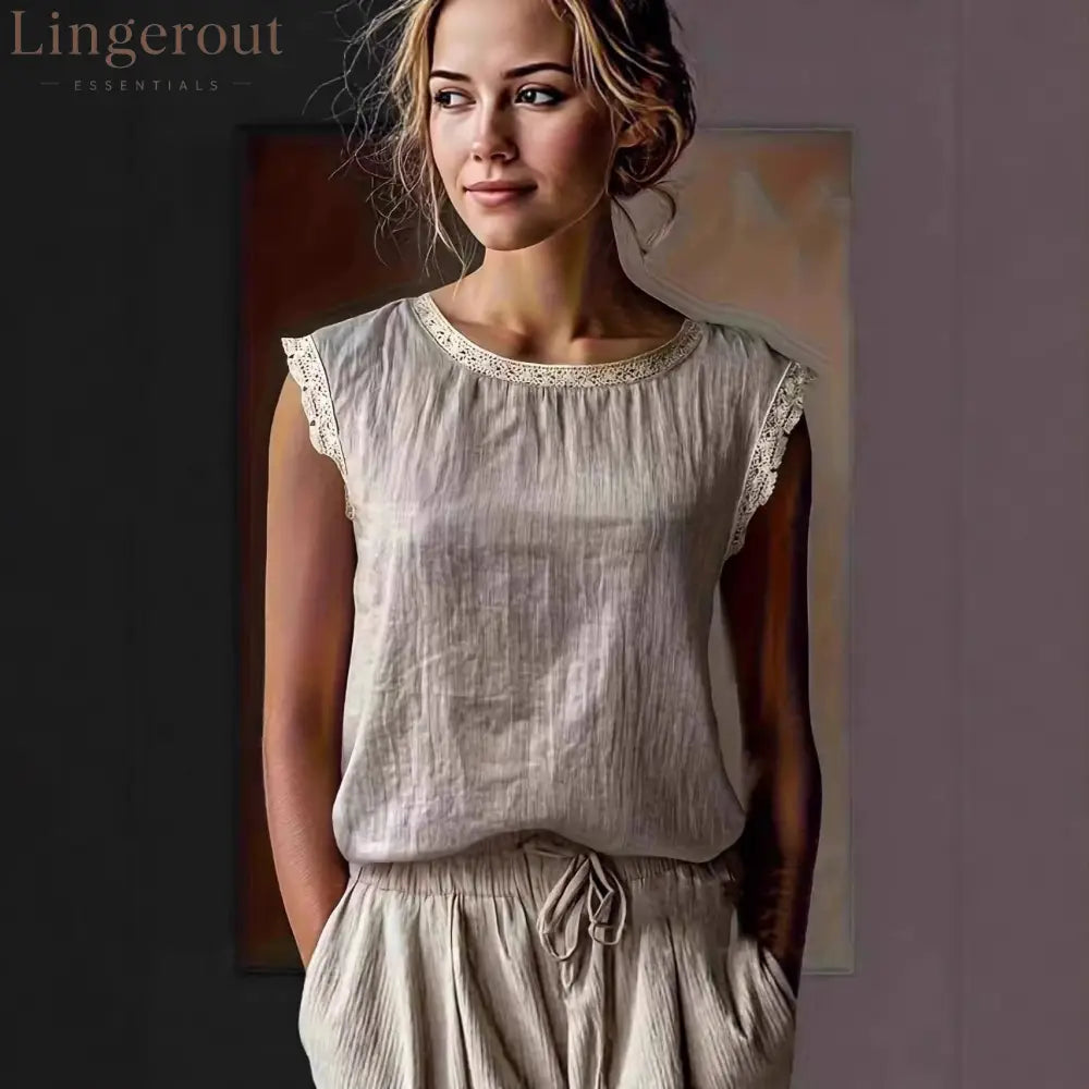 Women’S Retro Loose Solid Color Round Neck Lace Splicing Sleeveless Linen Shirt