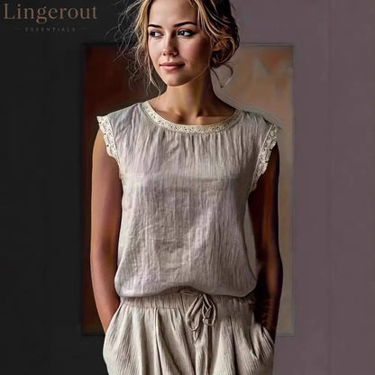 Women’S Retro Loose Solid Color Round Neck Lace Splicing Sleeveless Linen Shirt