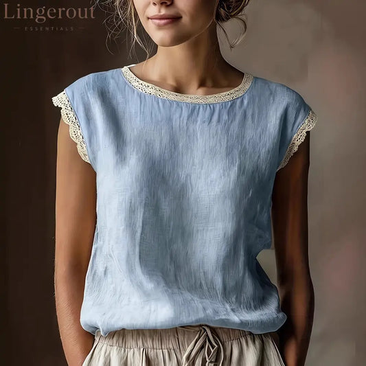 Women’S Retro Loose Solid Color Round Neck Lace Splicing Sleeveless Linen Shirt