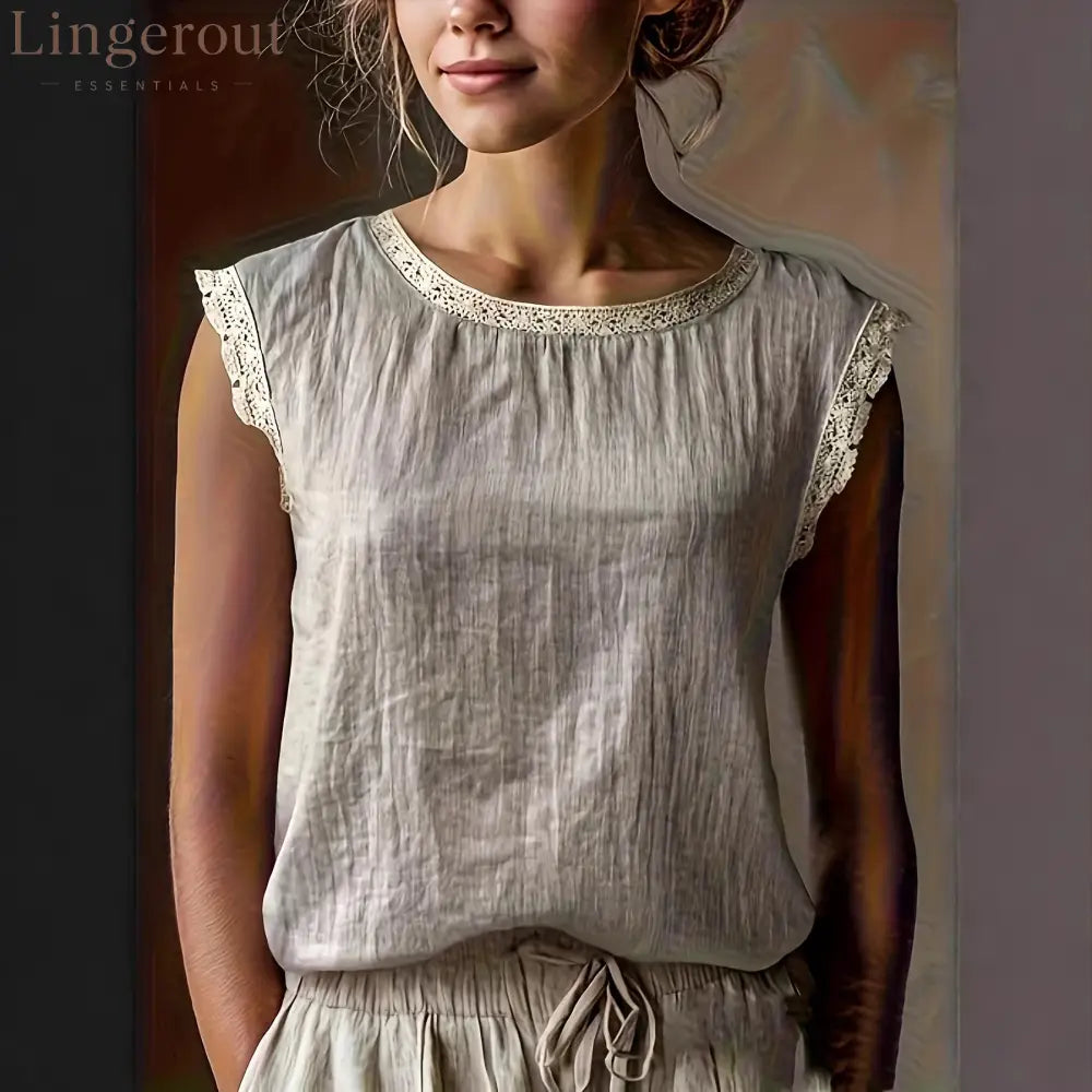 Women’S Retro Loose Solid Color Round Neck Lace Splicing Sleeveless Linen Shirt - Apricot / S