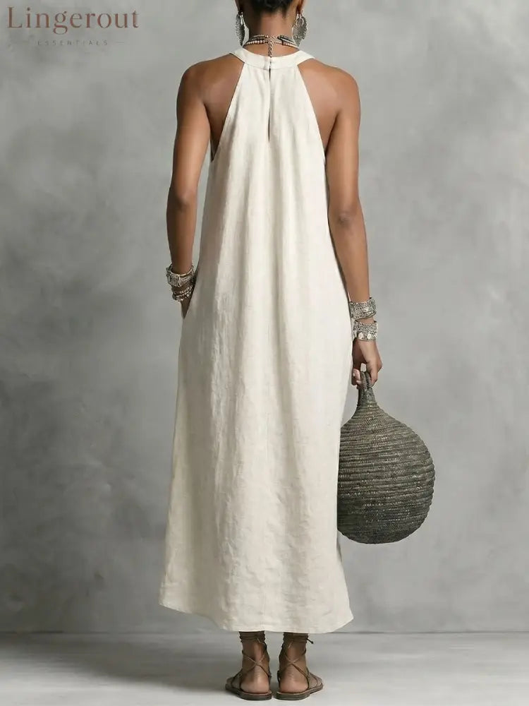 Women’s Round-neck Halter Sleeveless Cotton-linen Dress
