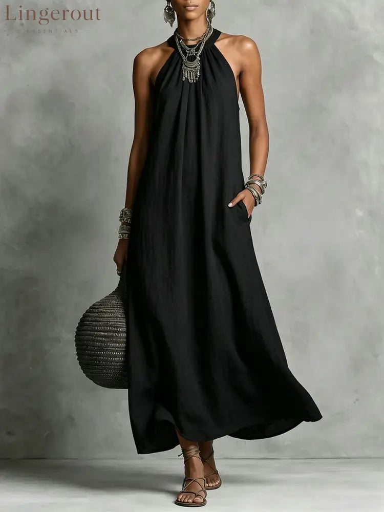 Women’s Round-neck Halter Sleeveless Cotton-linen Dress - Black / S