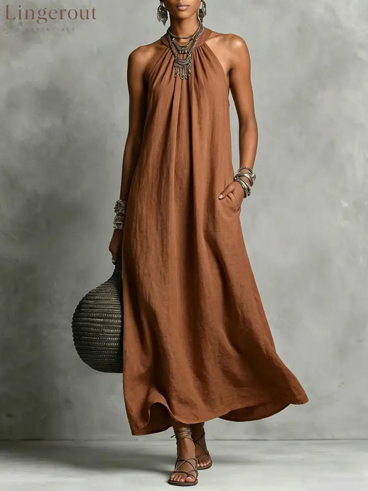 Women’s Round-neck Halter Sleeveless Cotton-linen Dress - brown / S