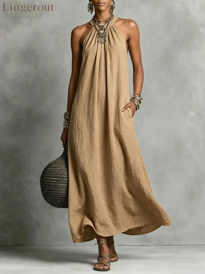 Women’s Round-neck Halter Sleeveless Cotton-linen Dress - Khaki / S