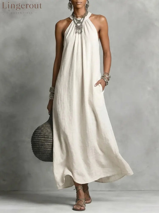 Women’s Round-neck Halter Sleeveless Cotton-linen Dress - White / S