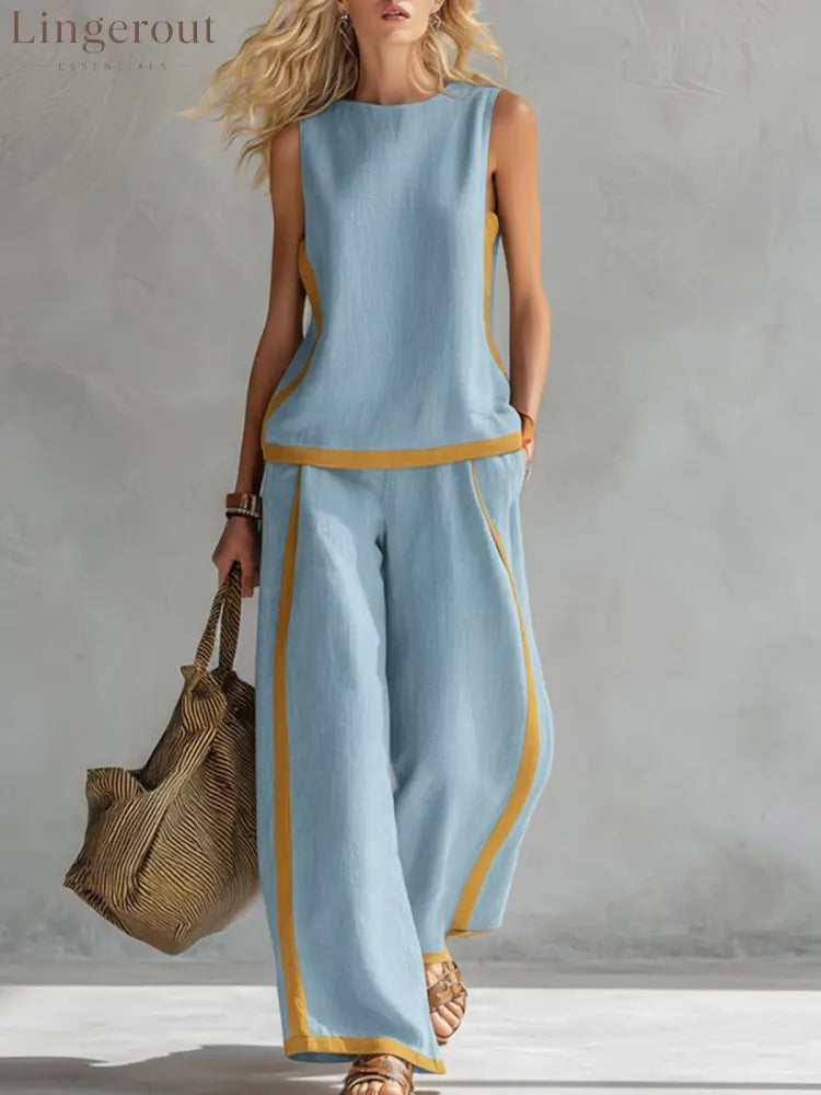 Women’s Round Neck Sleeveless Casual Loose Top And High-waisted Loose Wide-leg Pants Cotton And Linen Set. - Blue / S