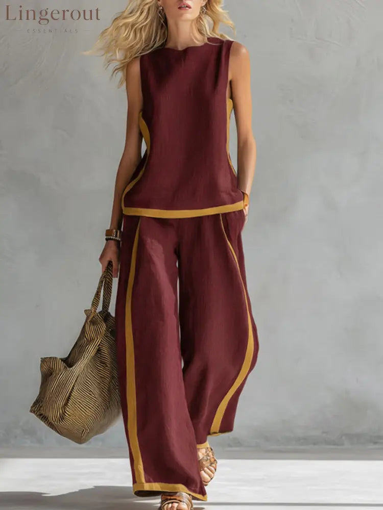 Women’s Round Neck Sleeveless Casual Loose Top And High-waisted Loose Wide-leg Pants Cotton And Linen Set. - Burgundy