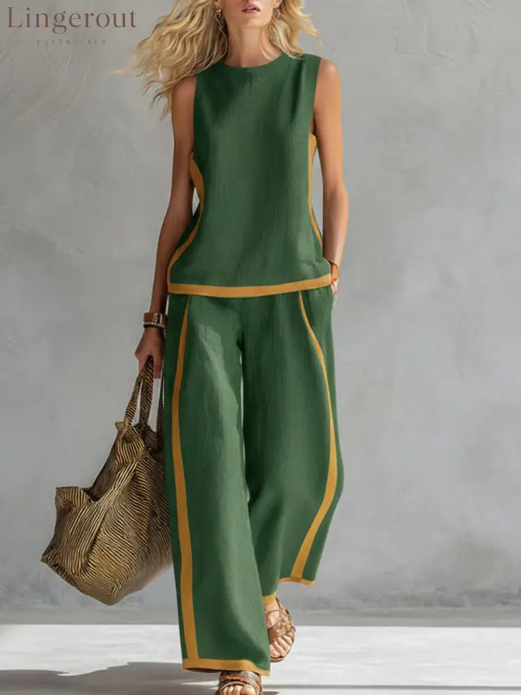 Women’s Round Neck Sleeveless Casual Loose Top And High-waisted Loose Wide-leg Pants Cotton And Linen Set. - Green / S