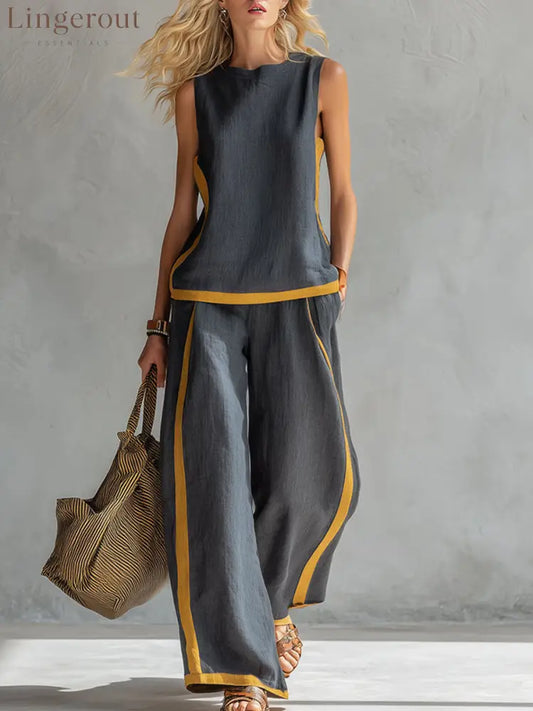 Women’s Round Neck Sleeveless Casual Loose Top And High-waisted Loose Wide-leg Pants Cotton And Linen Set. - Grey / S