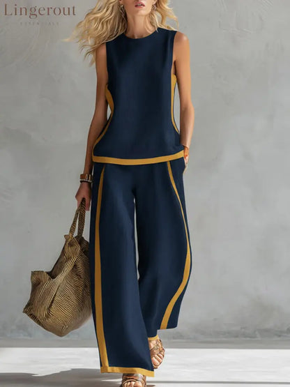 Women’s Round Neck Sleeveless Casual Loose Top And High-waisted Loose Wide-leg Pants Cotton And Linen Set. - Navy Blue