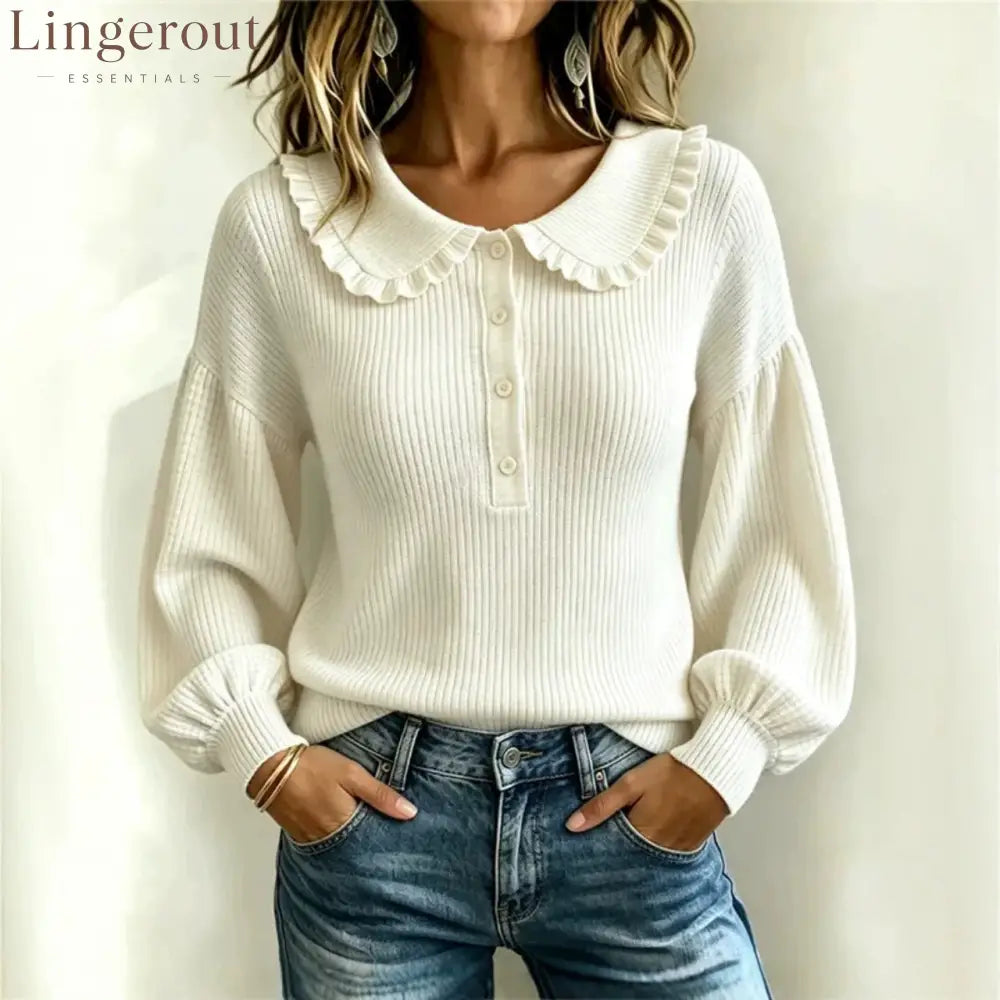 Women’s Ruffle Collar Ribbed Knit Sweater