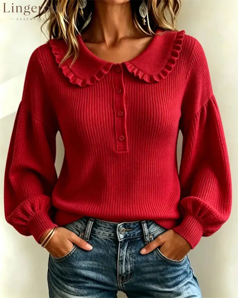 Women’s Ruffle Collar Ribbed Knit Sweater - Claret / S