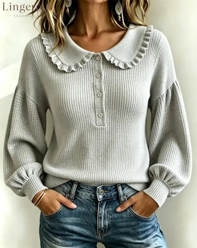 Women’s Ruffle Collar Ribbed Knit Sweater - Light gray / S