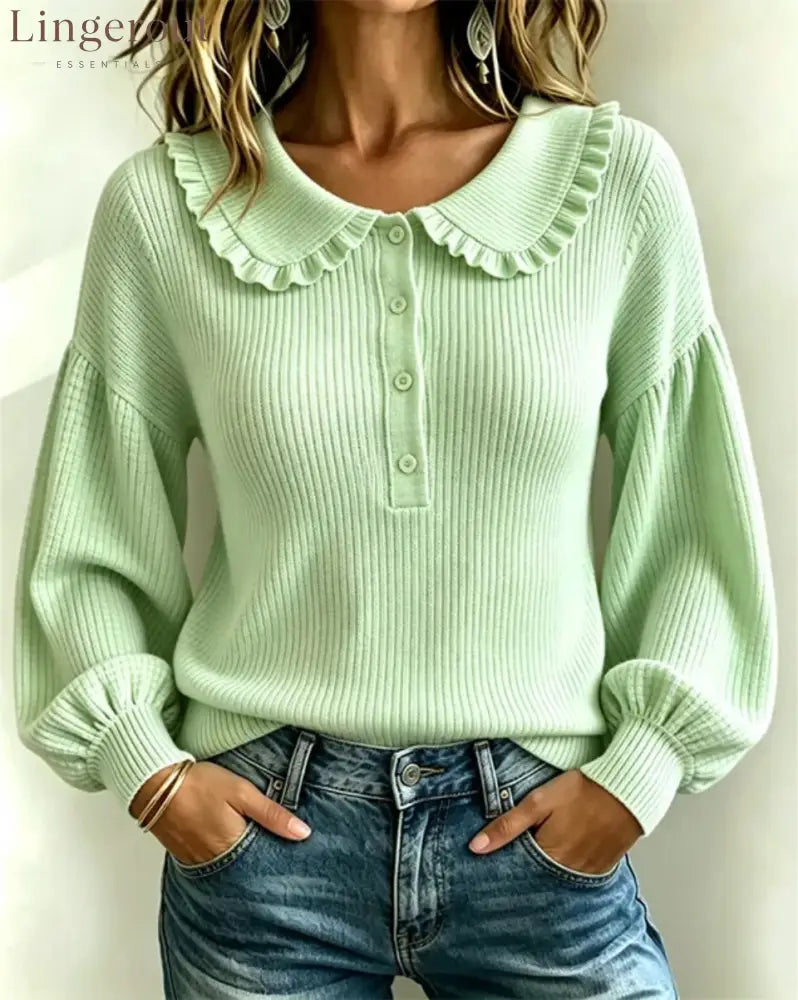 Women’s Ruffle Collar Ribbed Knit Sweater - Light green / S