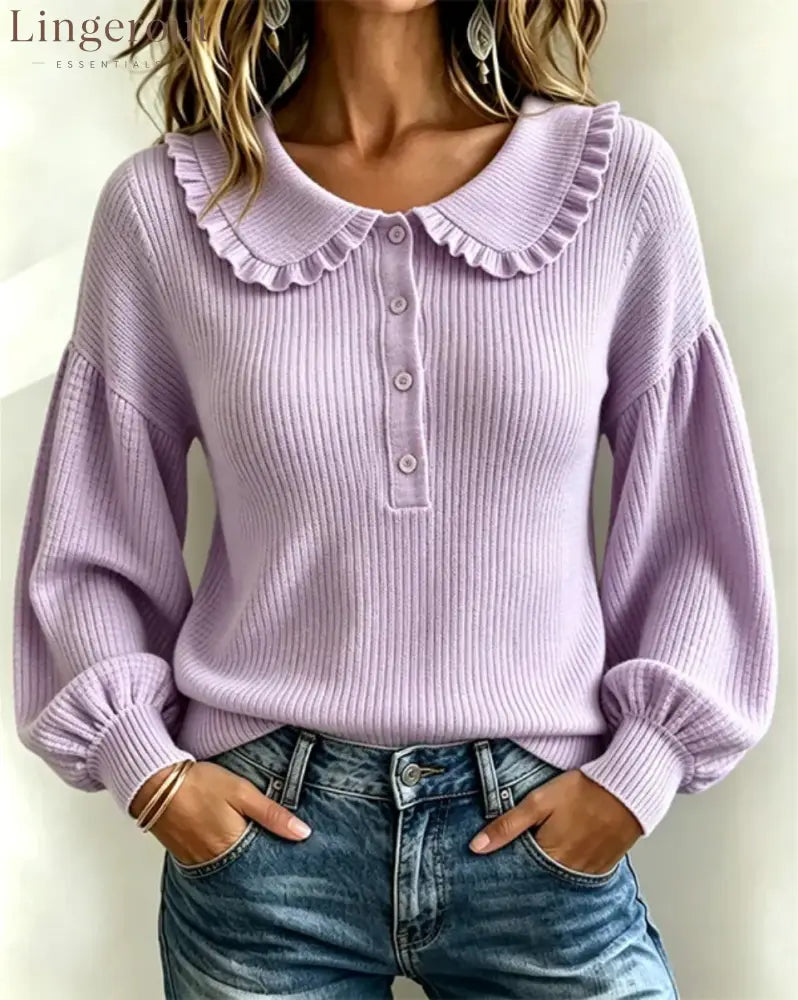 Women’s Ruffle Collar Ribbed Knit Sweater - Light purple / S