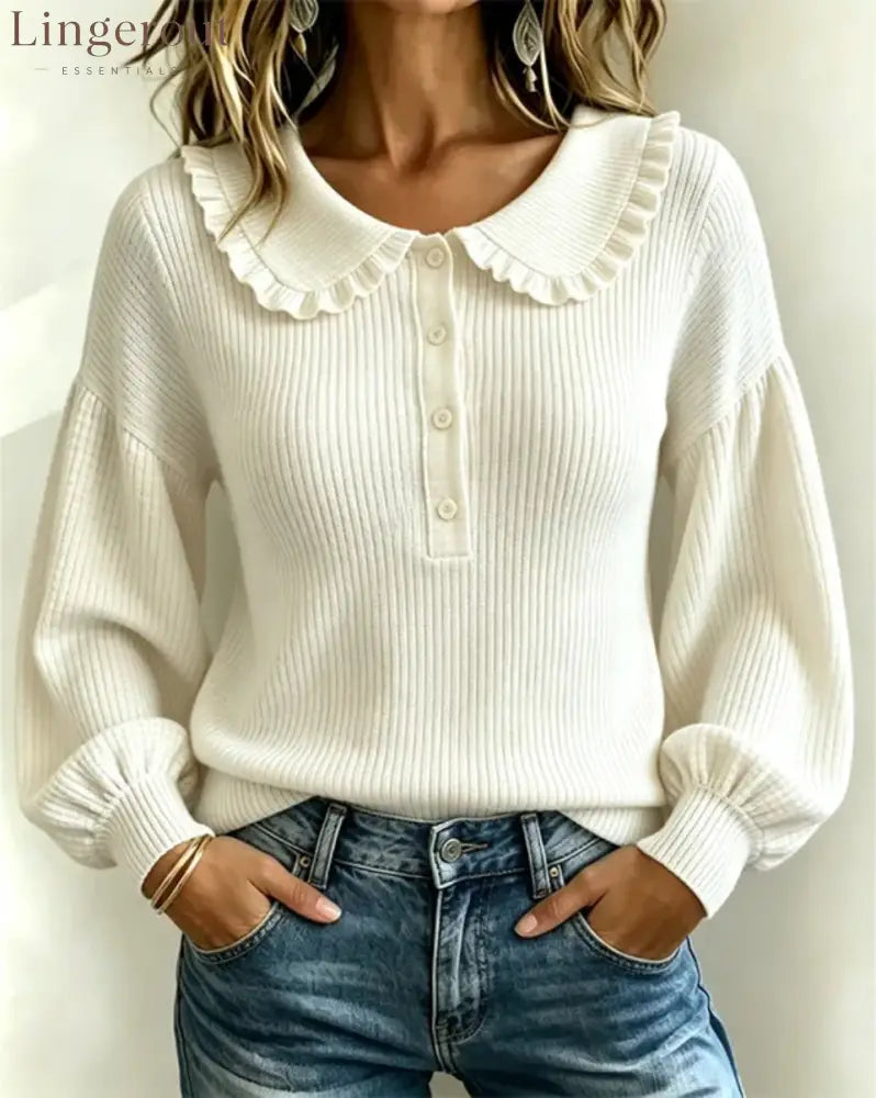 Women’s Ruffle Collar Ribbed Knit Sweater - Off white / S