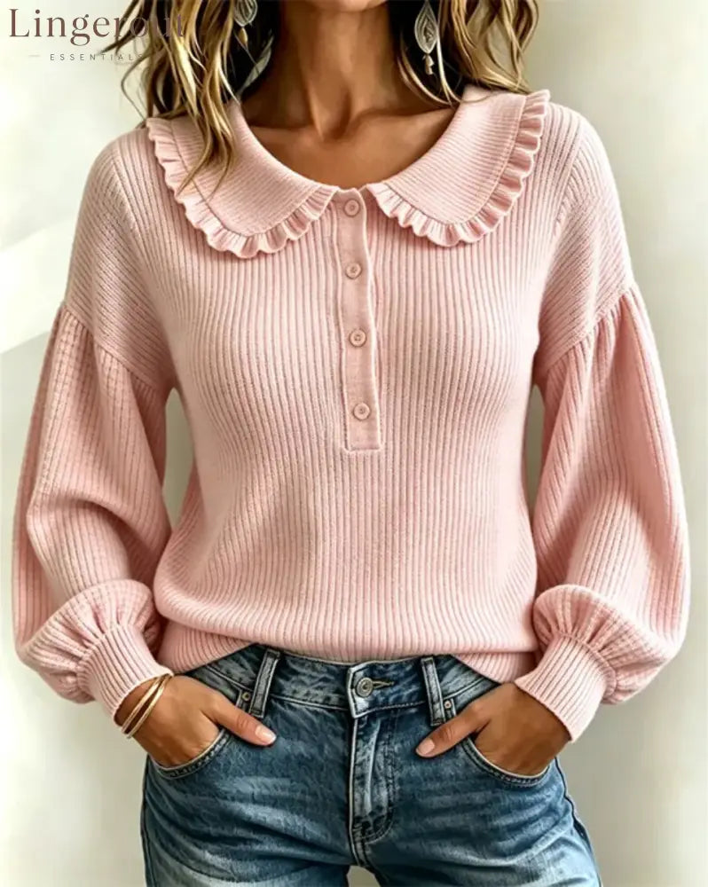 Women’s Ruffle Collar Ribbed Knit Sweater - Pink / S