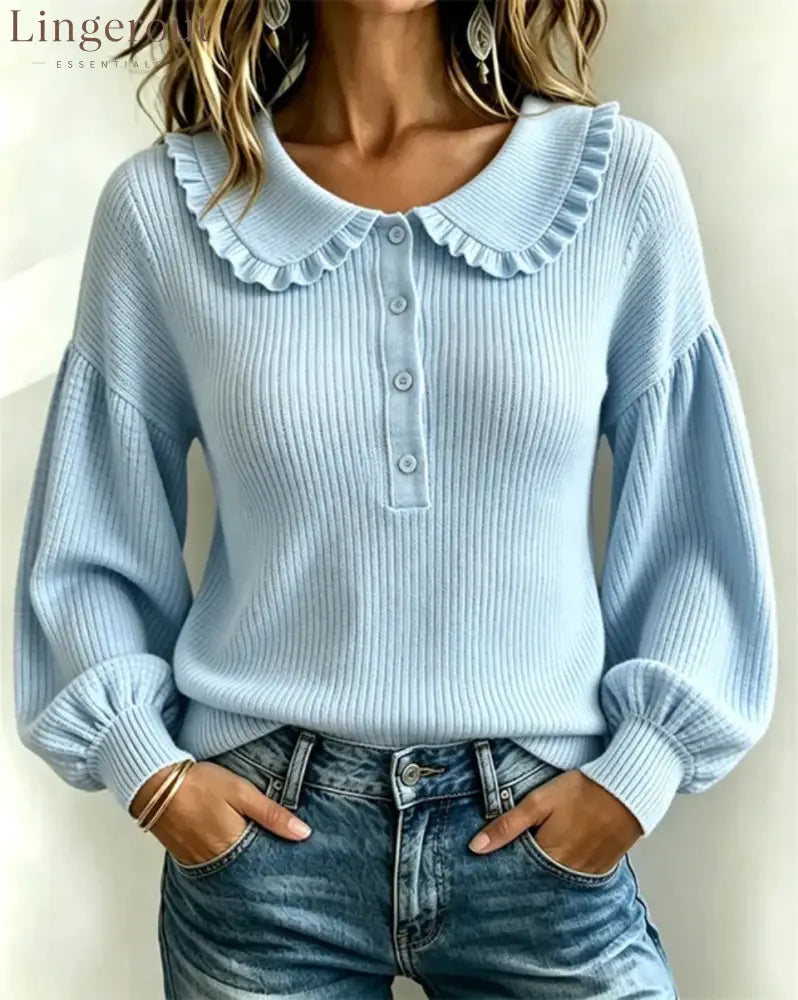 Women’s Ruffle Collar Ribbed Knit Sweater - Sky blue / S