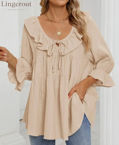 Women’s Scoop Neck 3/4 Length Sleeve Tie Front Ruffle Tiered Tunic Shirts
