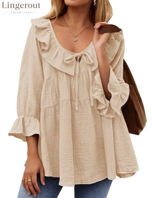 Women’s Scoop Neck 3/4 Length Sleeve Tie Front Ruffle Tiered Tunic Shirts - Apricot / S