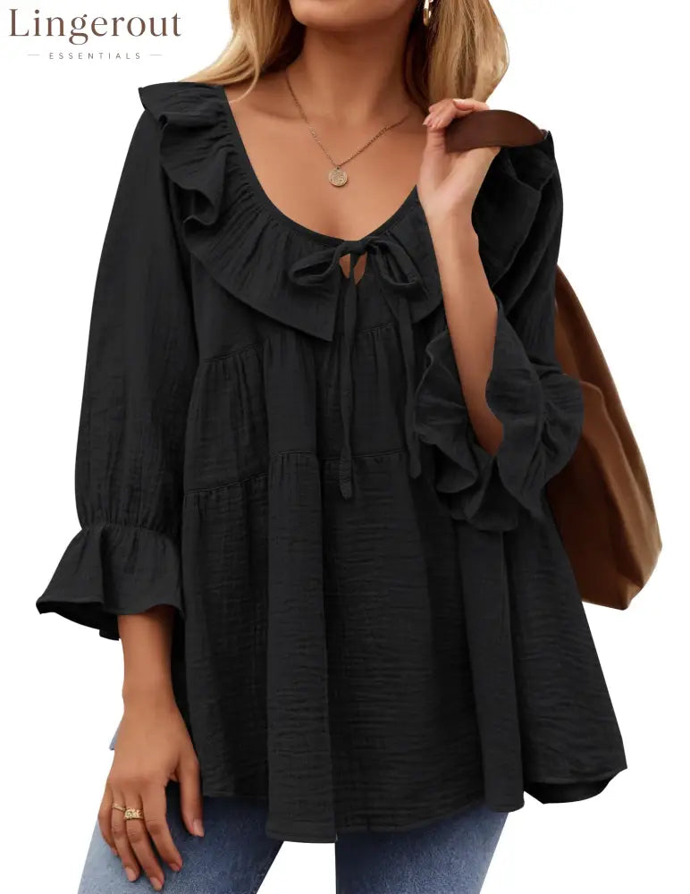 Women’s Scoop Neck 3/4 Length Sleeve Tie Front Ruffle Tiered Tunic Shirts - Black / S