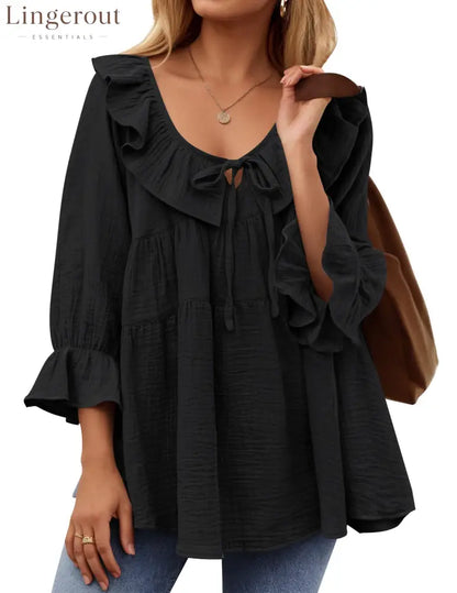Women’s Scoop Neck 3/4 Length Sleeve Tie Front Ruffle Tiered Tunic Shirts - Black / S