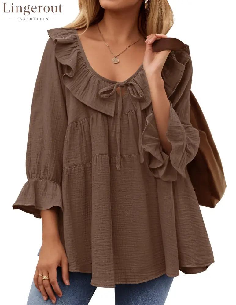 Women’s Scoop Neck 3/4 Length Sleeve Tie Front Ruffle Tiered Tunic Shirts - Brown / S