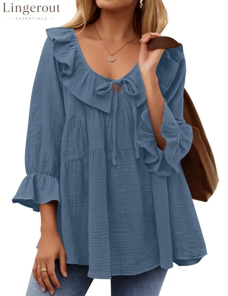 Women’s Scoop Neck 3/4 Length Sleeve Tie Front Ruffle Tiered Tunic Shirts - Dusty blue / S
