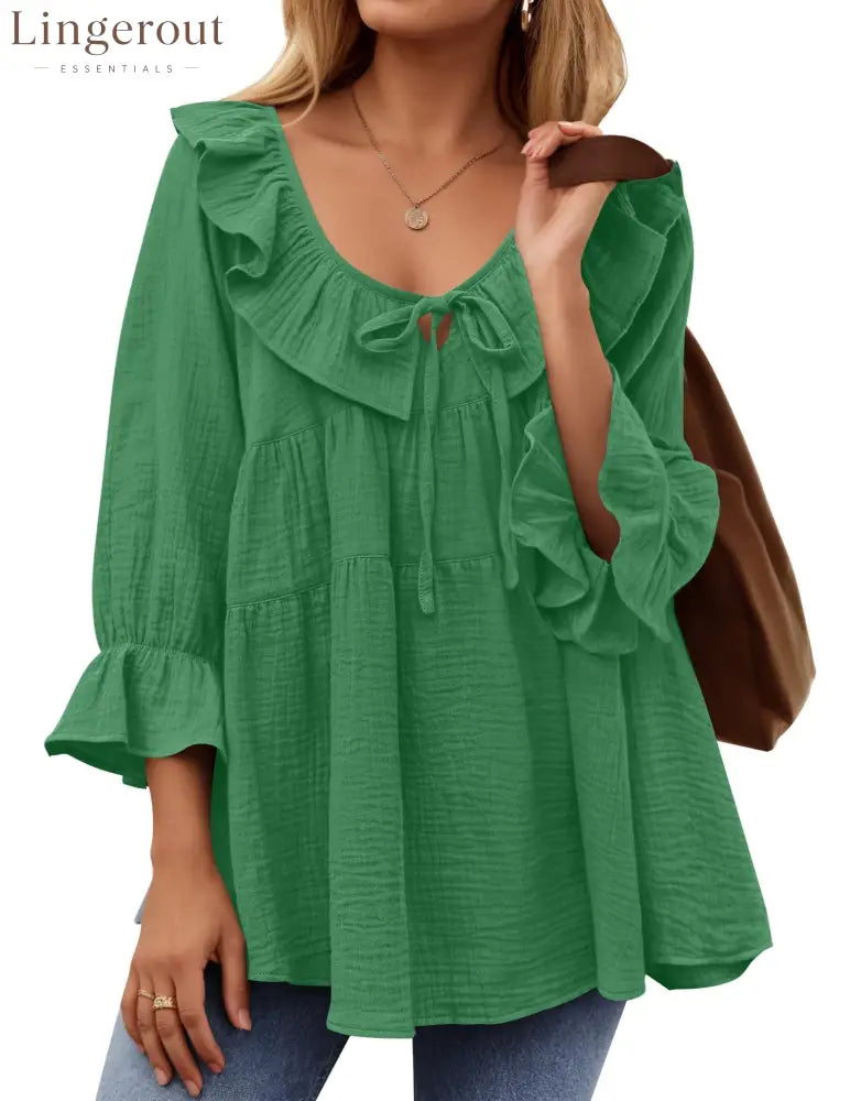 Women’s Scoop Neck 3/4 Length Sleeve Tie Front Ruffle Tiered Tunic Shirts - Green / S