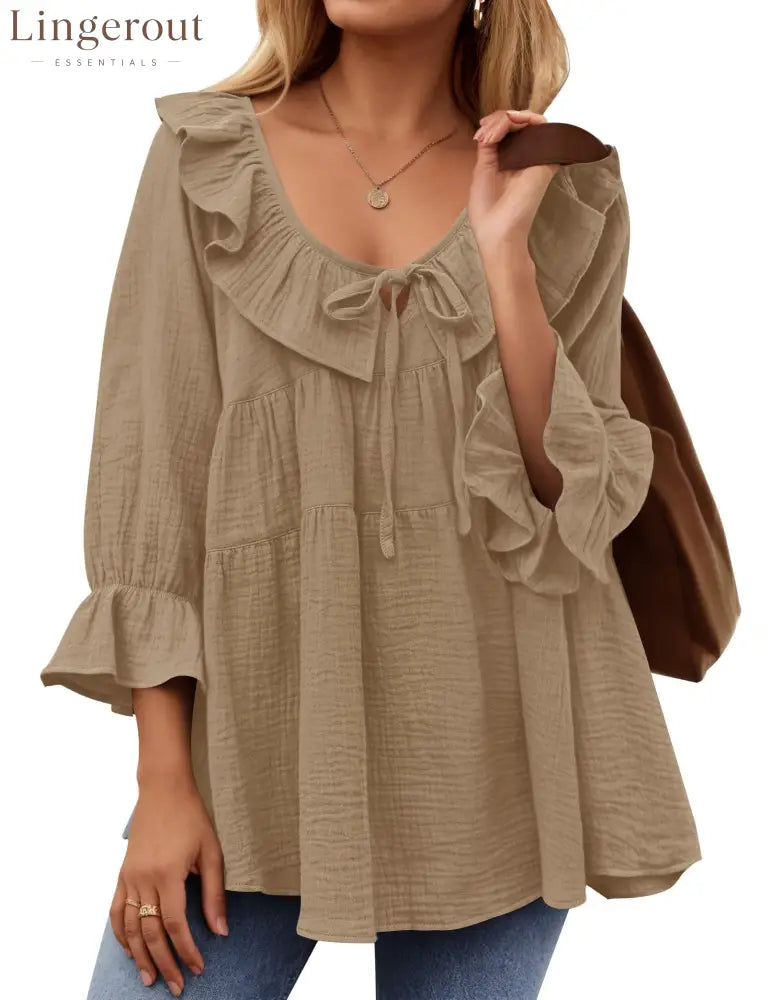 Women’s Scoop Neck 3/4 Length Sleeve Tie Front Ruffle Tiered Tunic Shirts - Khaki / S