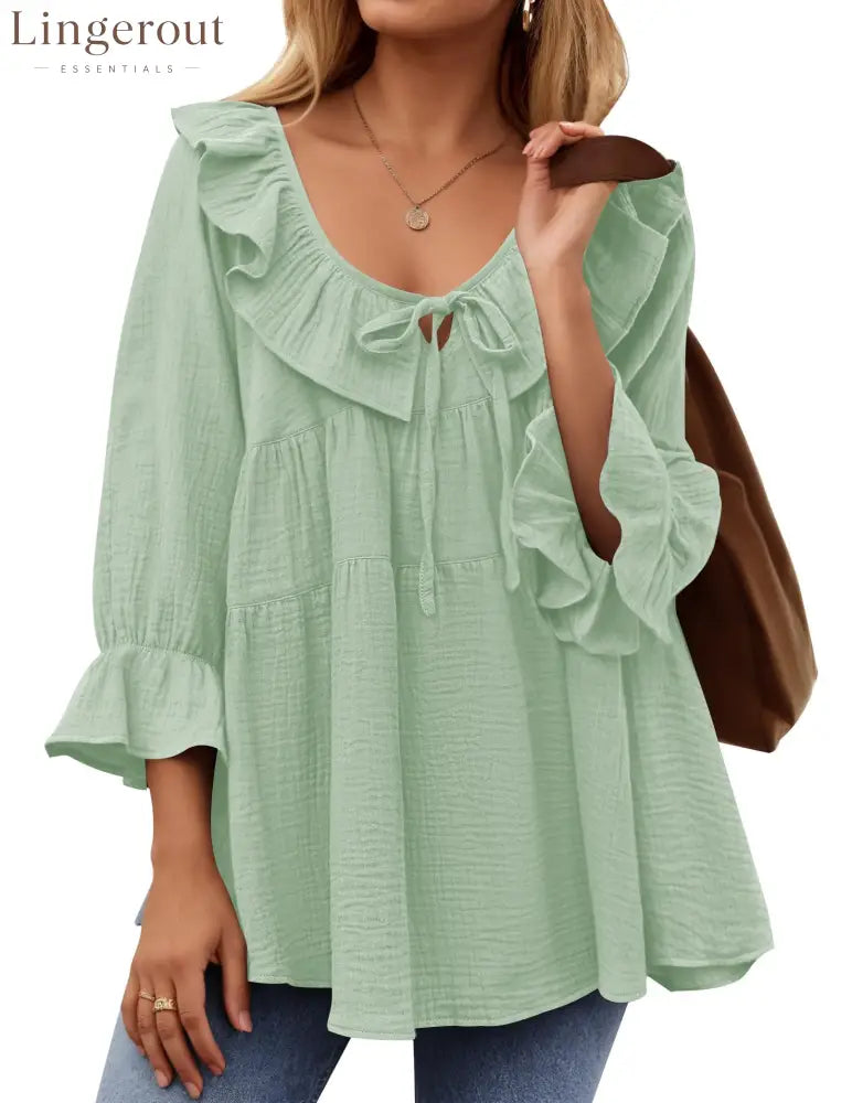 Women’s Scoop Neck 3/4 Length Sleeve Tie Front Ruffle Tiered Tunic Shirts - Mint green / S